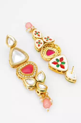 gold-plated stone long drop earrings with pearl and bead