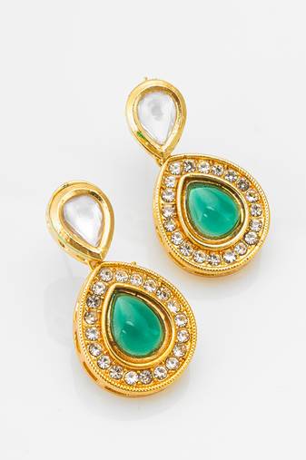 gold-plated stud earrings with green stone and crystal