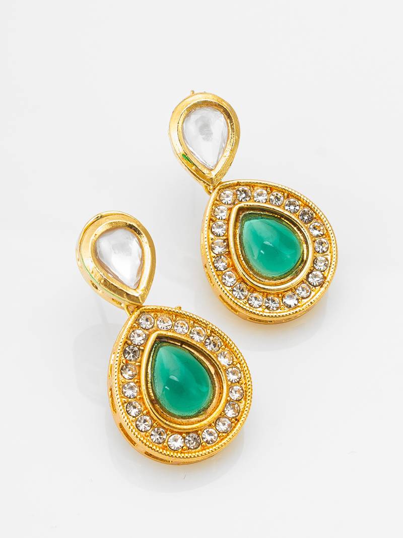 gold-plated stud earrings with green stone and crystal