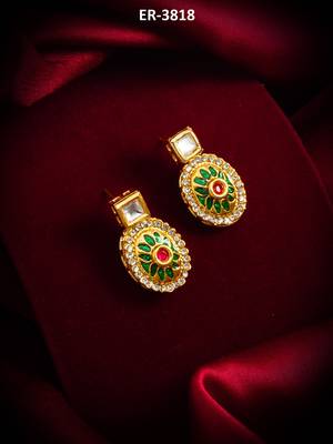 gold-plated square stud earrings with meenakari drop and crystal 5