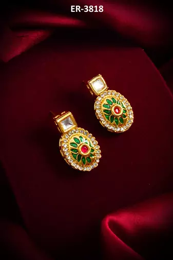 gold-plated square stud earrings with meenakari drop and crystal