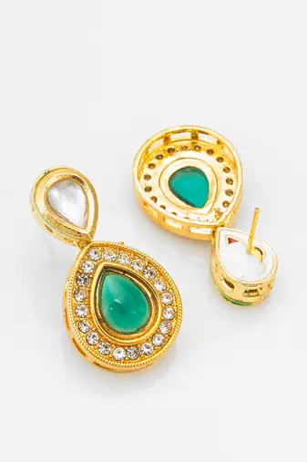 gold-plated stud earrings with green stone and crystal