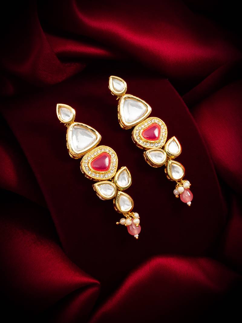 gold-plated stone long drop earrings with pearl and bead