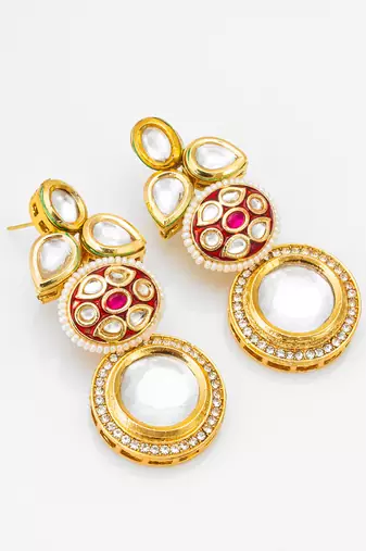 gold-plated stone & meenakari circular drop earrings with pearl