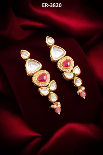 gold-plated stone long drop earrings with pearl and bead