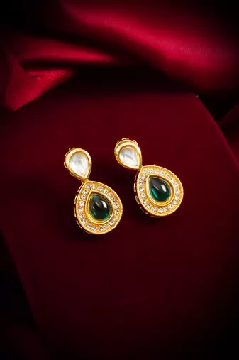 gold-plated stud earrings with green stone and crystal