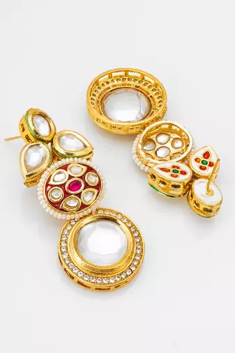 gold-plated stone & meenakari circular drop earrings with pearl