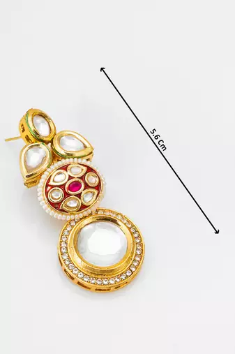 gold-plated stone & meenakari circular drop earrings with pearl