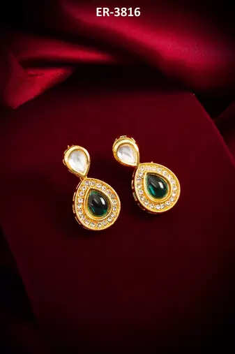 gold-plated stud earrings with green stone and crystal