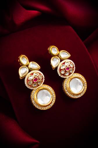 gold-plated stone & meenakari circular drop earrings with pearl