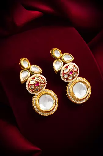 gold-plated stone & meenakari circular drop earrings with pearl
