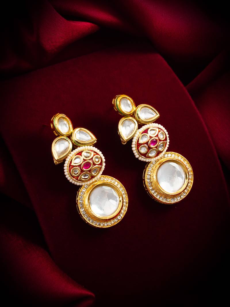 gold-plated stone & meenakari circular drop earrings with pearl