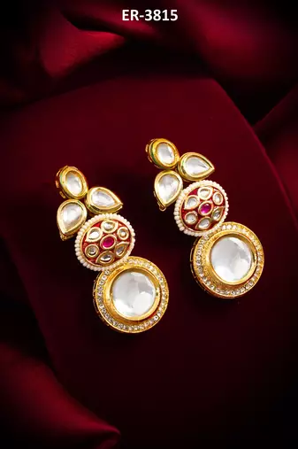 gold-plated stone & meenakari circular drop earrings with pearl