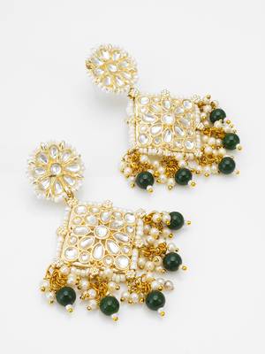 kundan square pendant earrings with emerald green beads and pearl drops 2
