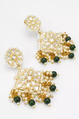 kundan square pendant earrings with emerald green beads and pearl drops
