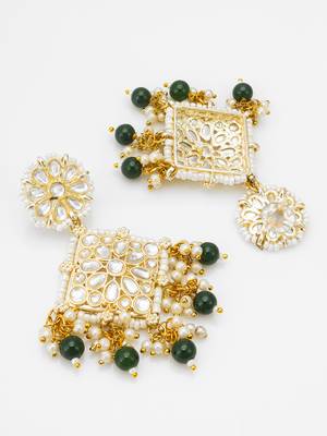 kundan square pendant earrings with emerald green beads and pearl drops 3