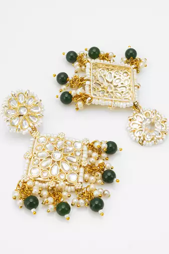 kundan square pendant earrings with emerald green beads and pearl drops