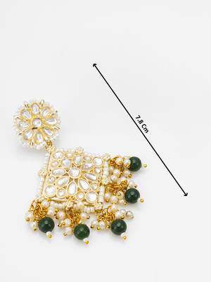 kundan square pendant earrings with emerald green beads and pearl drops 4