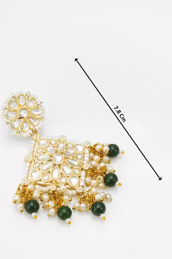 kundan square pendant earrings with emerald green beads and pearl drops