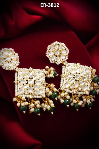 kundan square pendant earrings with emerald green beads and pearl drops