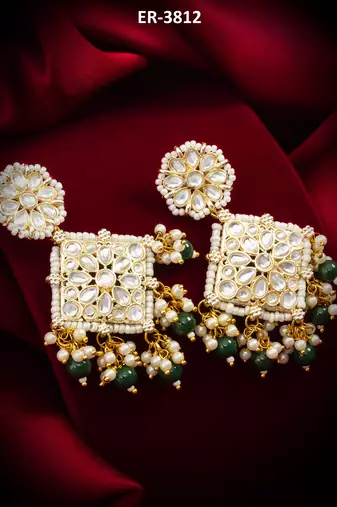 kundan square pendant earrings with emerald green beads and pearl drops
