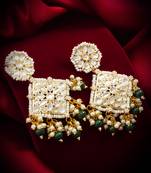 kundan square pendant earrings with emerald green beads and pearl drops