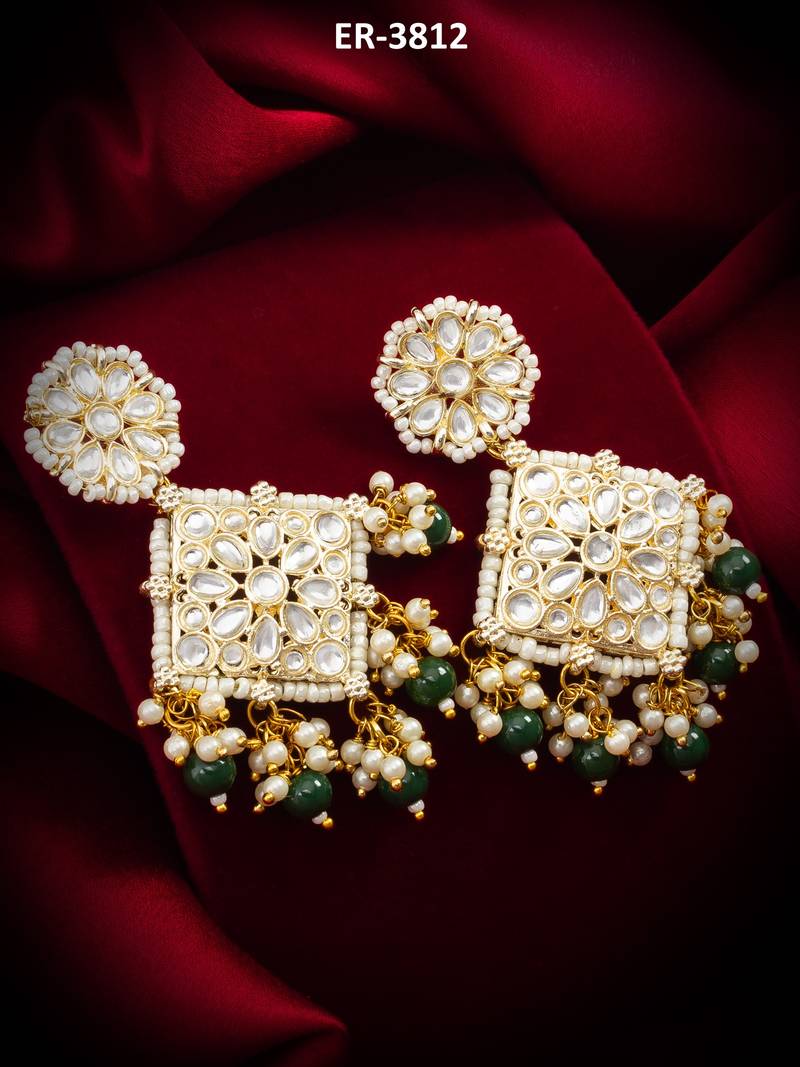 kundan square pendant earrings with emerald green beads and pearl drops