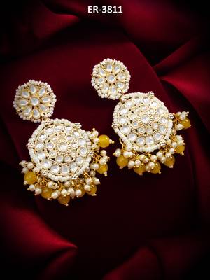 kundan round chandbali earrings with yellow beads and pearl cluster 1
