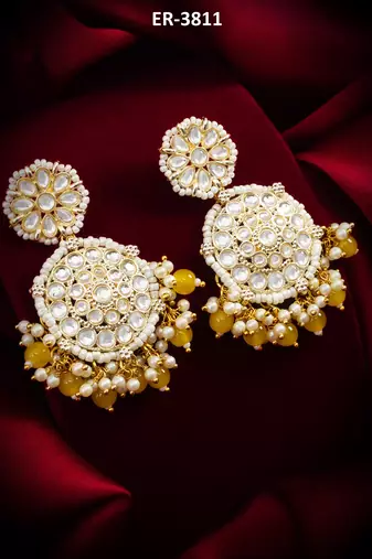 kundan round chandbali earrings with yellow beads and pearl cluster