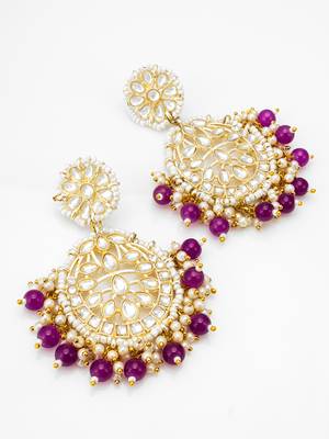 kundan chandbali earrings with purple beads and pearl cluster drops 2