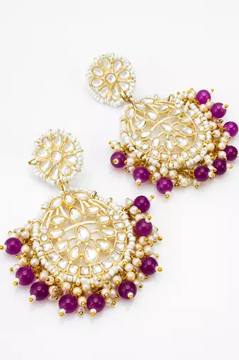 kundan chandbali earrings with purple beads and pearl cluster drops