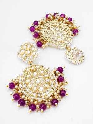 kundan chandbali earrings with purple beads and pearl cluster drops 3