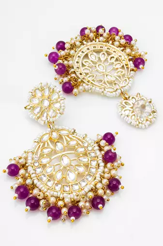 kundan chandbali earrings with purple beads and pearl cluster drops