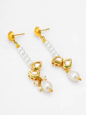 gold plated kundan and pearl beaded drop earrings 2