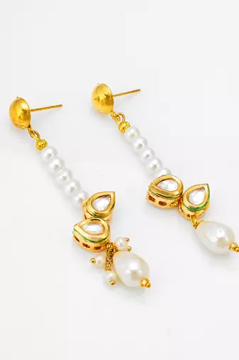 gold plated kundan and pearl beaded drop earrings