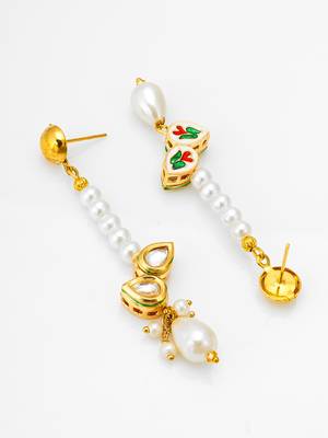 gold plated kundan and pearl beaded drop earrings 3