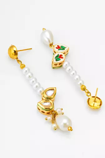 gold plated kundan and pearl beaded drop earrings