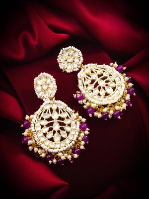 kundan chandbali earrings with purple beads and pearl cluster drops 1
