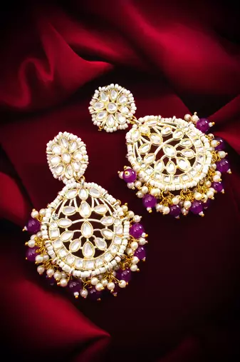 kundan chandbali earrings with purple beads and pearl cluster drops