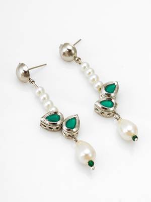 elegant silver plated green stone and pearl drop earrings 2