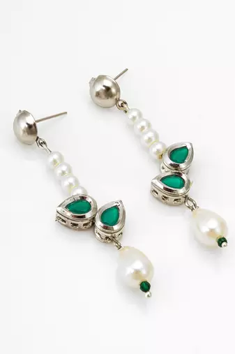 elegant silver plated green stone and pearl drop earrings