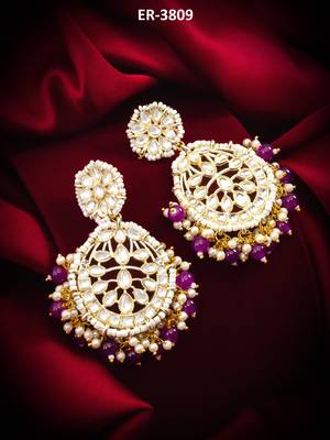 kundan chandbali earrings with purple beads and pearl cluster drops 5