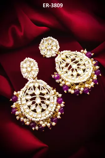 kundan chandbali earrings with purple beads and pearl cluster drops