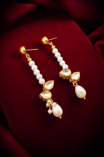 gold plated kundan and pearl beaded drop earrings