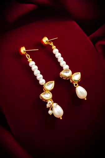 gold plated kundan and pearl beaded drop earrings