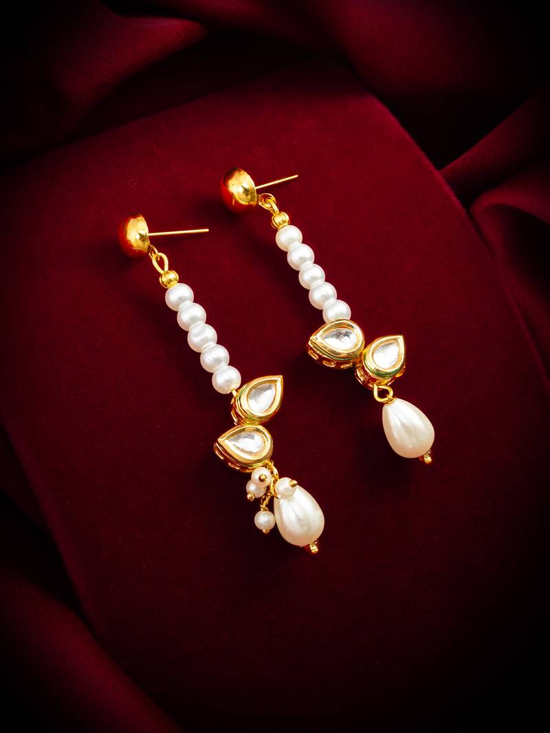 gold plated kundan and pearl beaded drop earrings