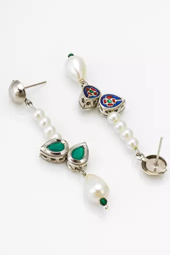 elegant silver plated green stone and pearl drop earrings