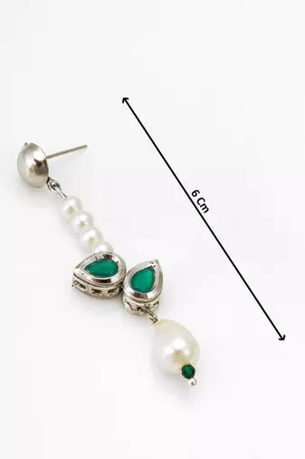 elegant silver plated green stone and pearl drop earrings