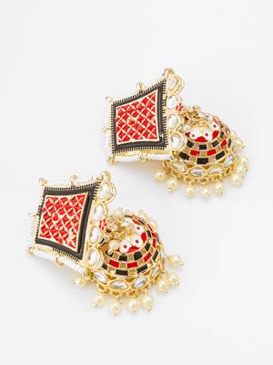 red enamel kundan pearl jhumka earrings 2