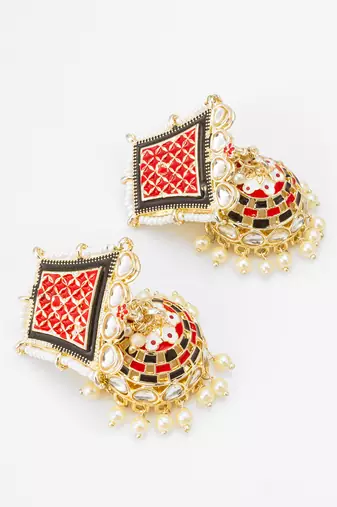 red enamel kundan pearl jhumka earrings